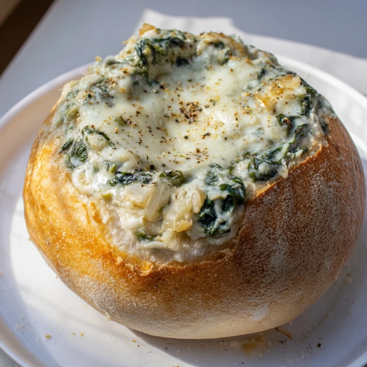 A warm bowl of Creamy Spinach Dip with Sourdough Bread, featuring melted cheese and fresh herbs.