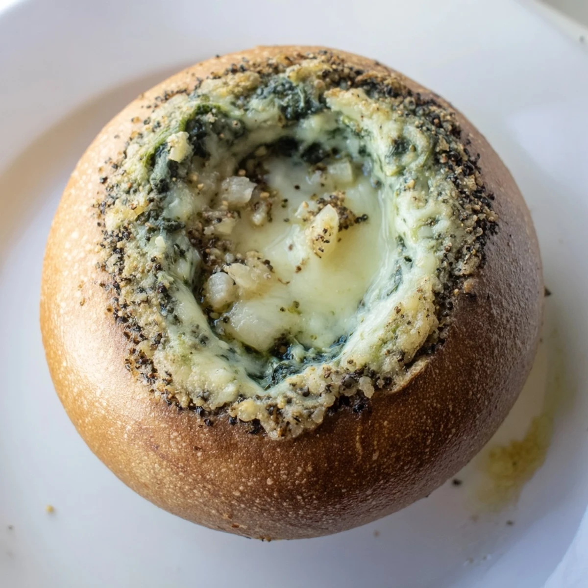 Creamy Spinach Dip served with toasted sourdough slices, showing a rich green and cheesy texture.