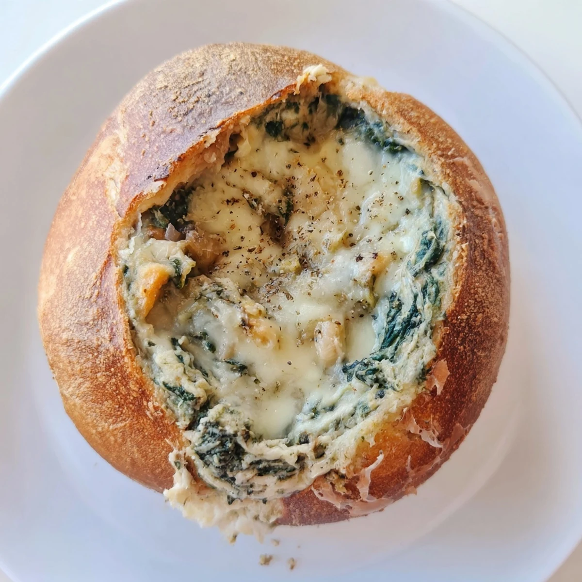 Golden baked Creamy Spinach Dip in a hollowed sourdough bread bowl, ready for a party appetizer.