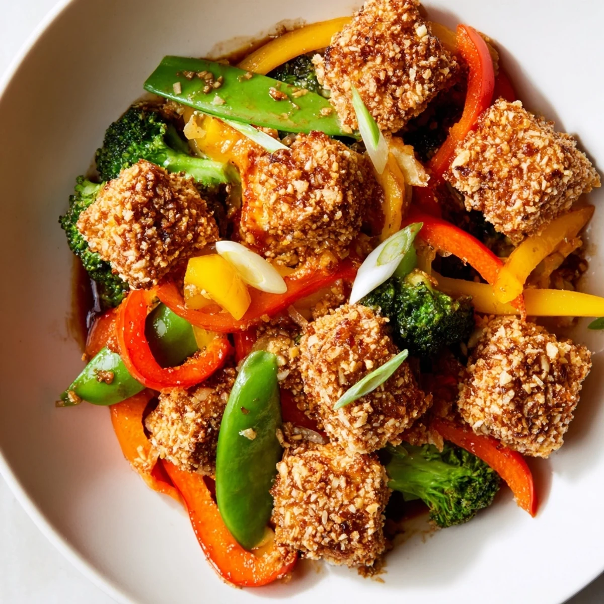 Crispy Coconut Tofu with Stir Fry Veggies served over steamed jasmine rice with chopsticks ready.