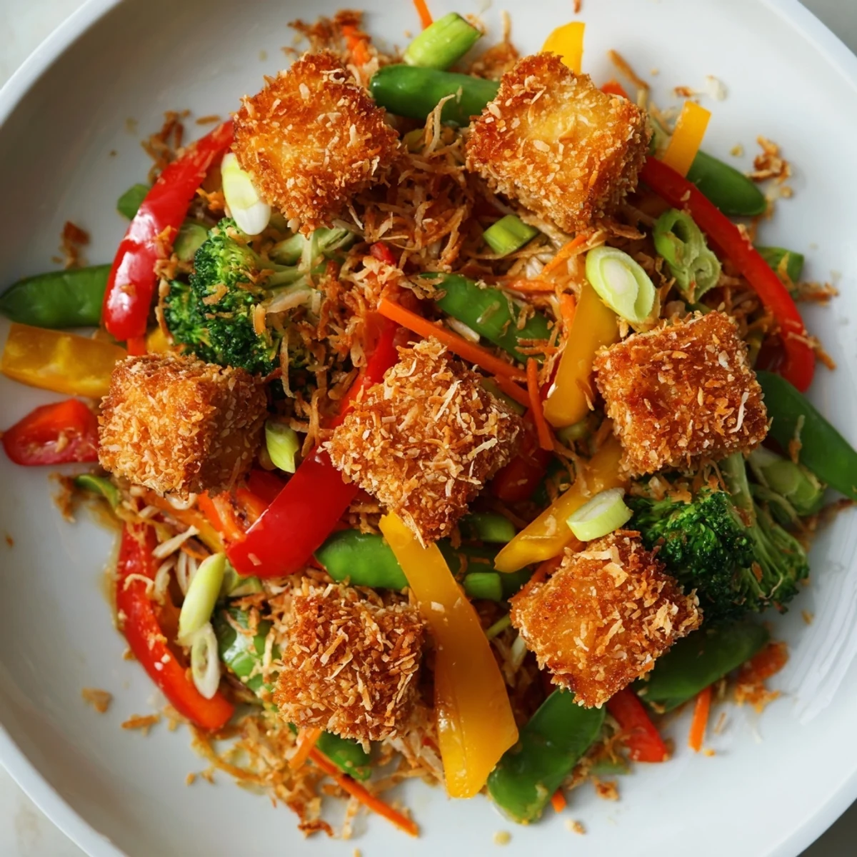 Golden-brown coconut tofu cubes are tossed with colorful bell peppers and snap peas in a skillet.