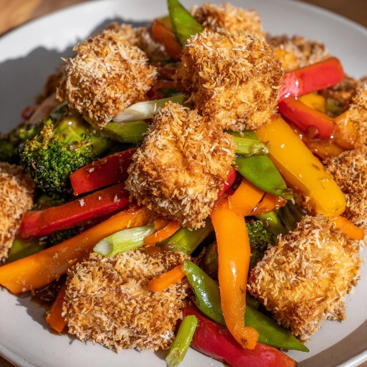 Homemade Crispy Coconut Tofu with Stir Fry Veggies topped with sesame seeds and fresh green onions.
