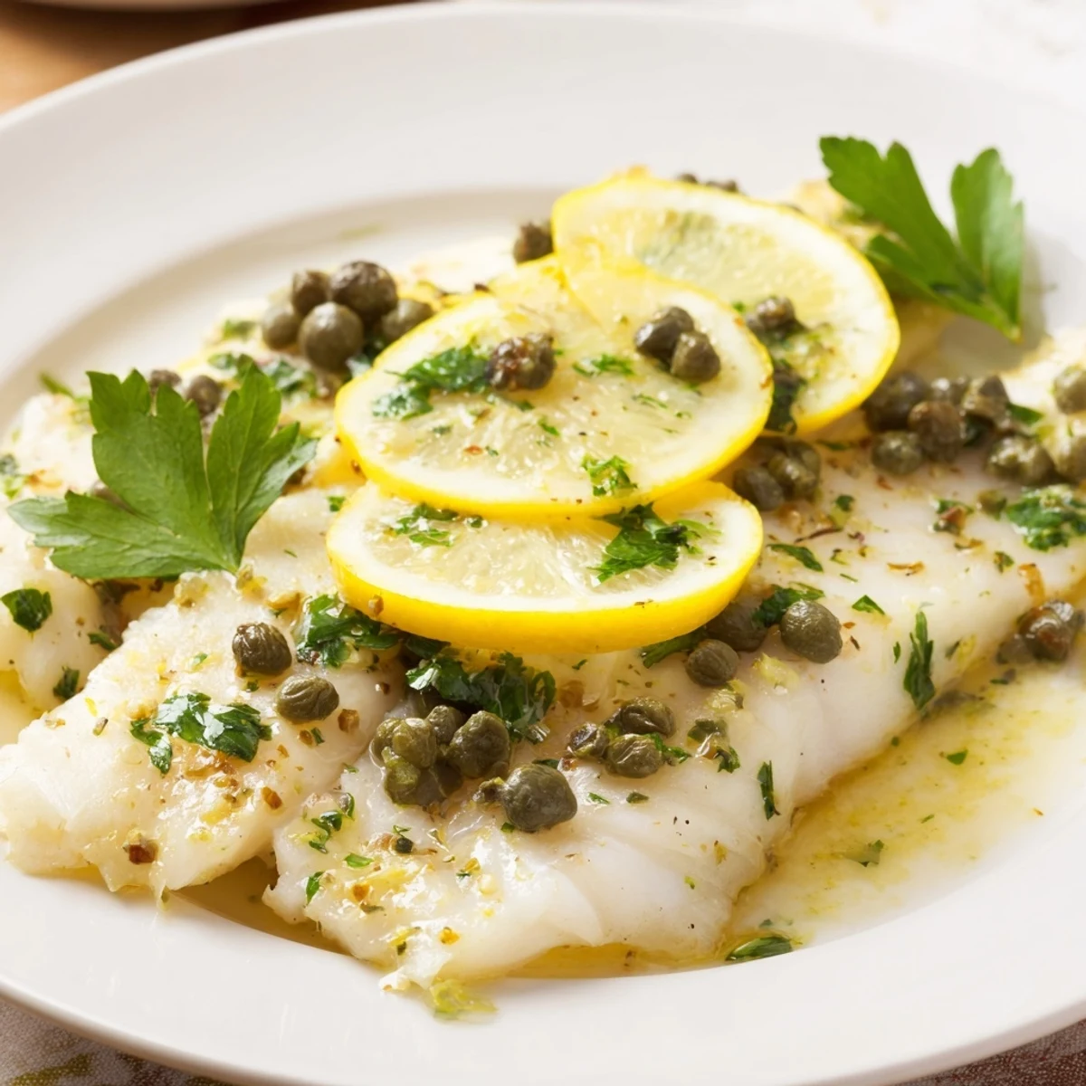 Close-up of Baked Haddock with Lemon and Capers served over a bed of fluffy rice.