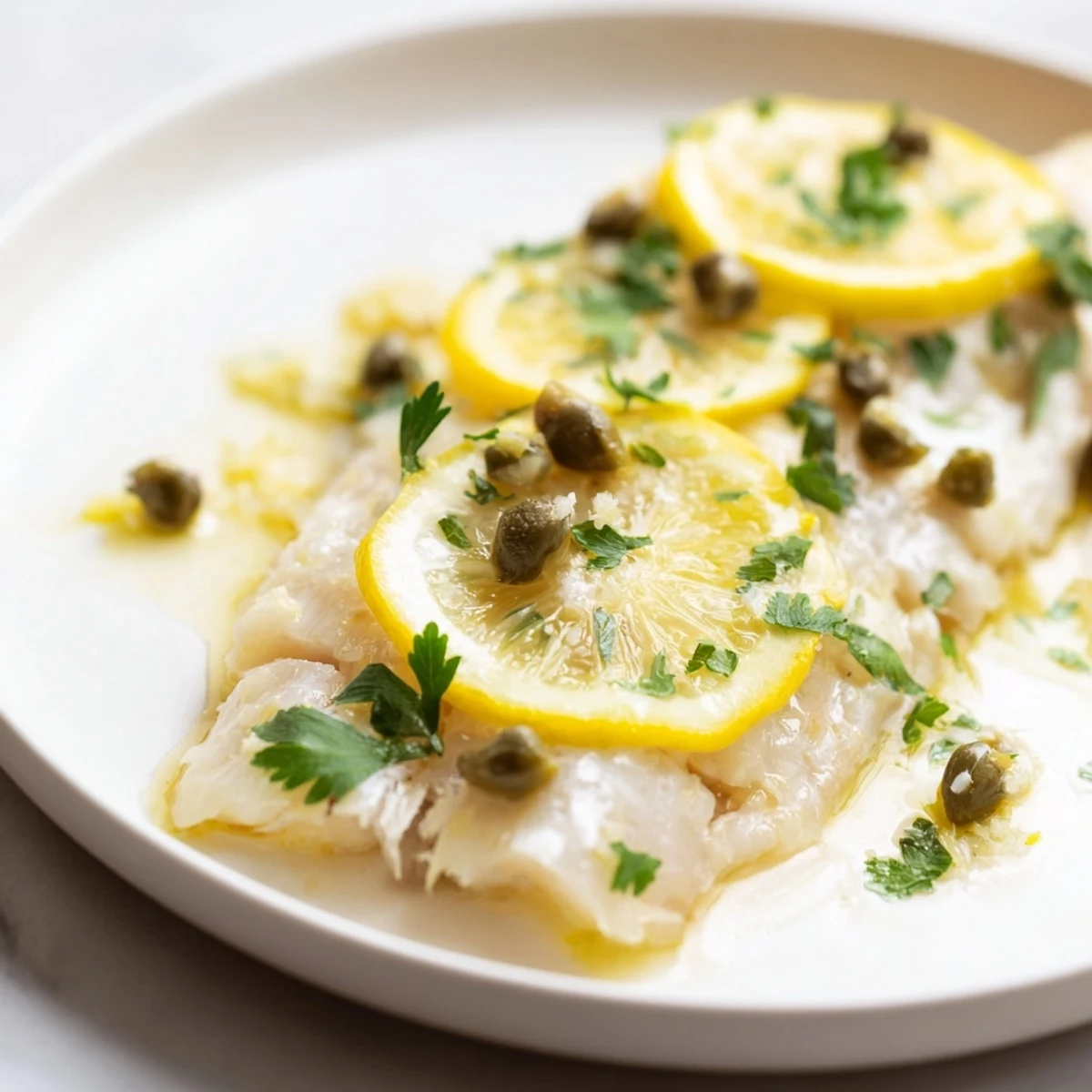 Tender Baked Haddock with Lemon and Capers flaking with a fork next to roasted vegetables.
