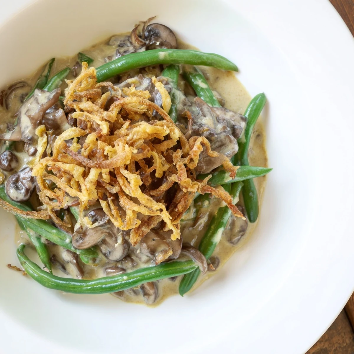 A close-up of Green Bean Casserole in a white baking dish with crispy onions glistening under kitchen lighting.