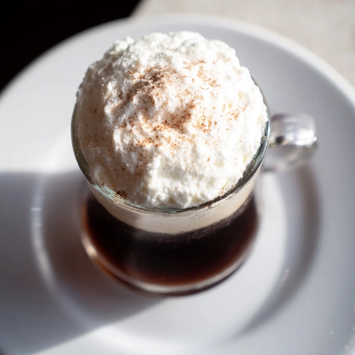 A rich Irish Coffee Mocktail with Whipped Cream served warm, fragrant cinnamon dusting the fluffy cream layer.