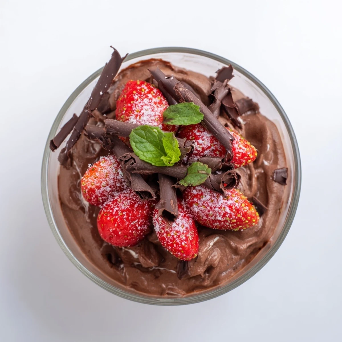 A glass bowl displays Chocolate Mousse with Strawberries, featuring a rich, silky chocolate mousse topped with vibrant red berry slices.