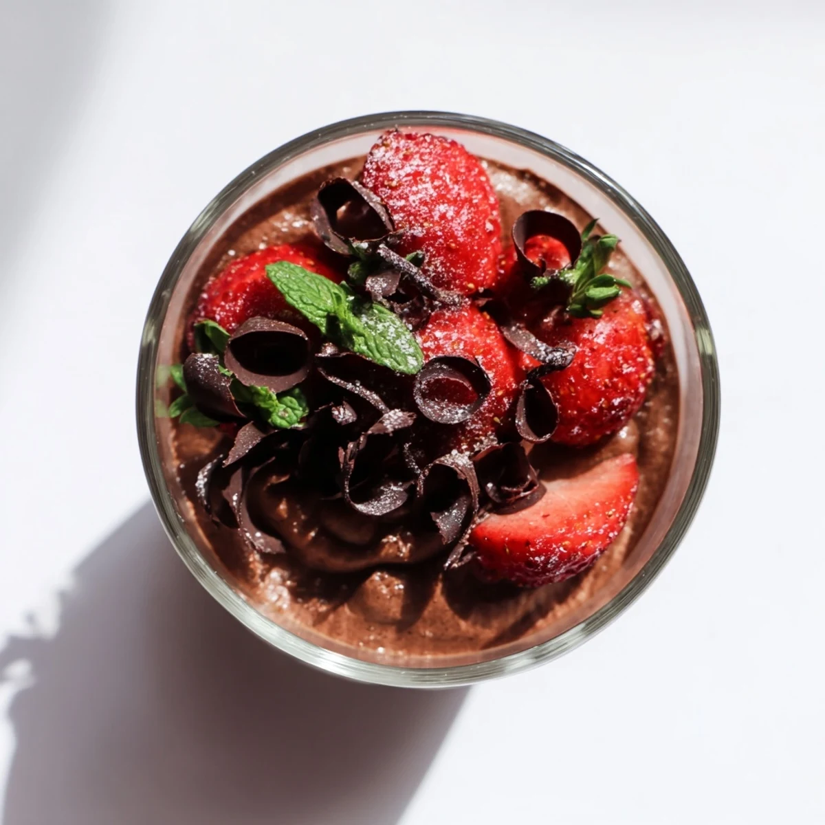 Close up on Chocolate Mousse with Strawberries, the dark, smooth mousse contrasts with glossy red berries and a mint garnish.