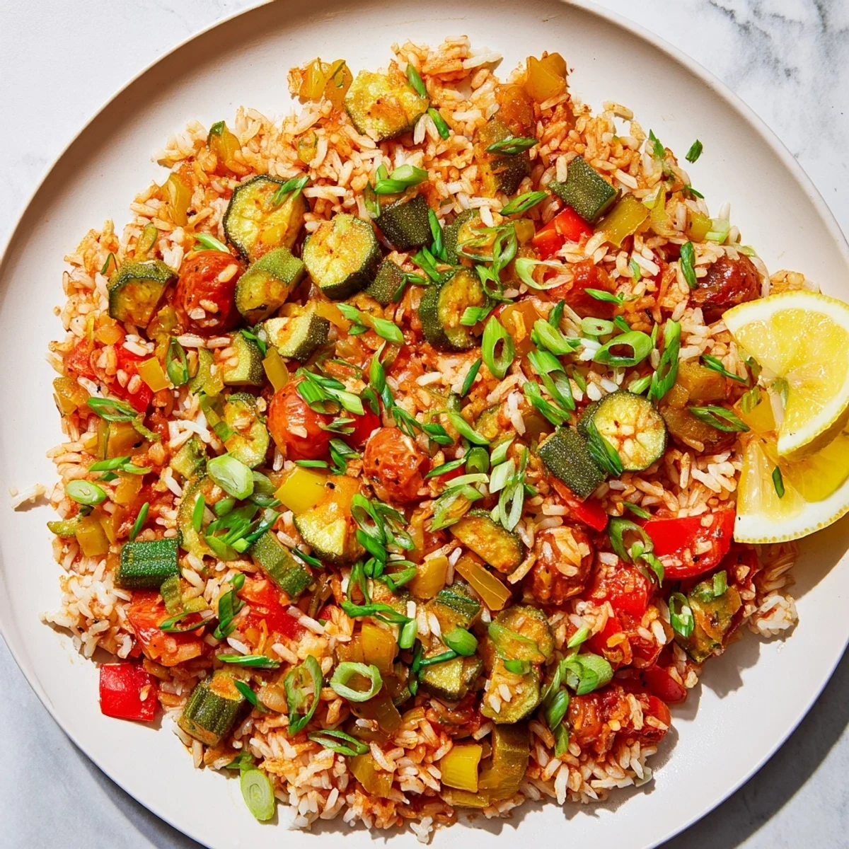 Serving suggestion for Mardi Gras Veggie Jambalaya alongside crusty bread and hot sauce.