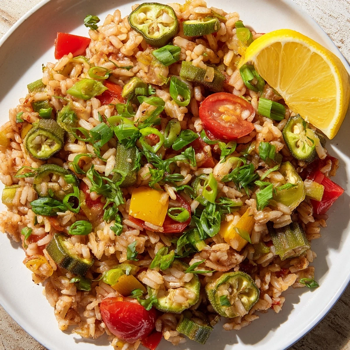 Vibrant Mardi Gras Veggie Jambalaya steaming in a rustic bowl with fresh parsley garnish.