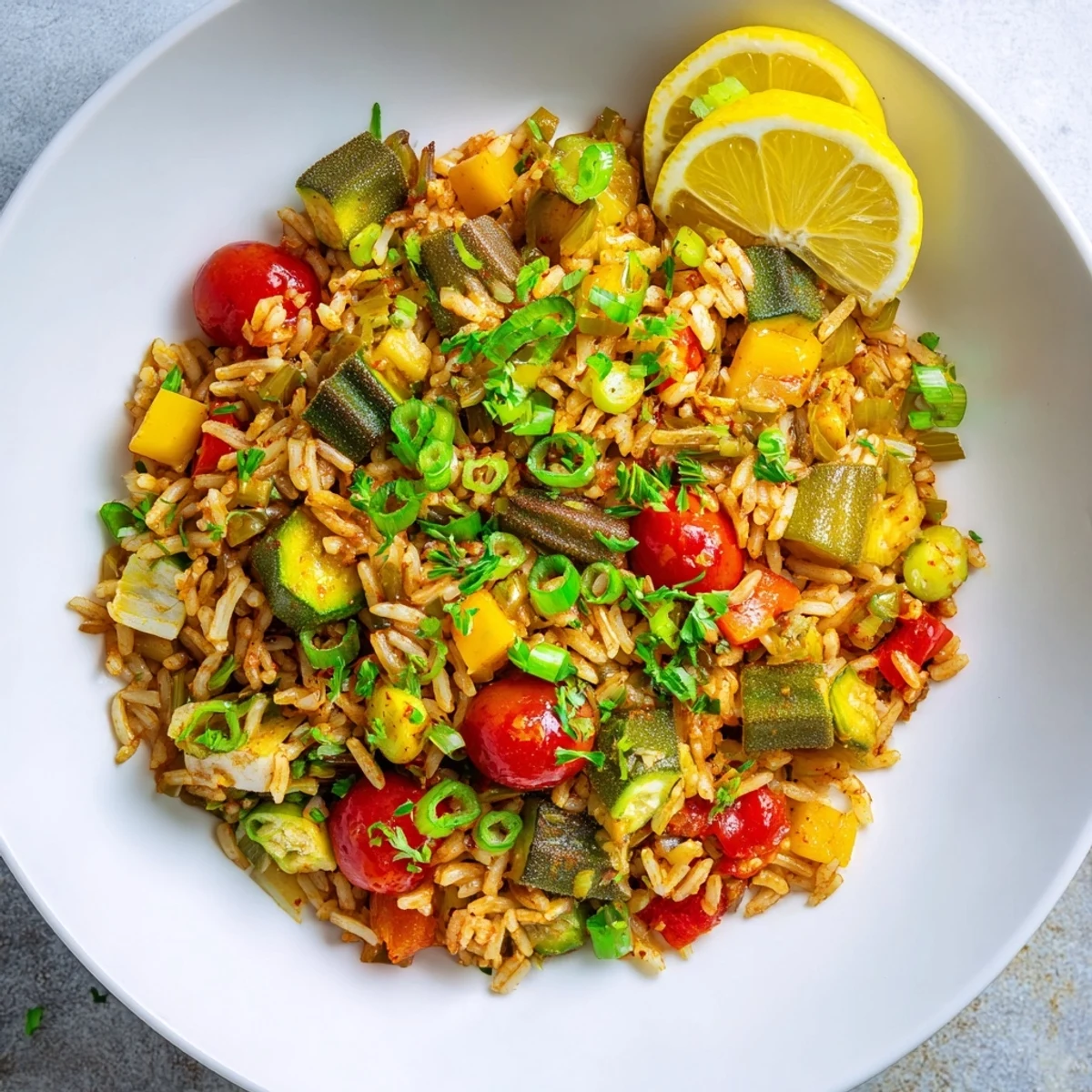Close-up of colorful Mardi Gras Veggie Jambalaya featuring bell peppers, okra, and fluffy rice.