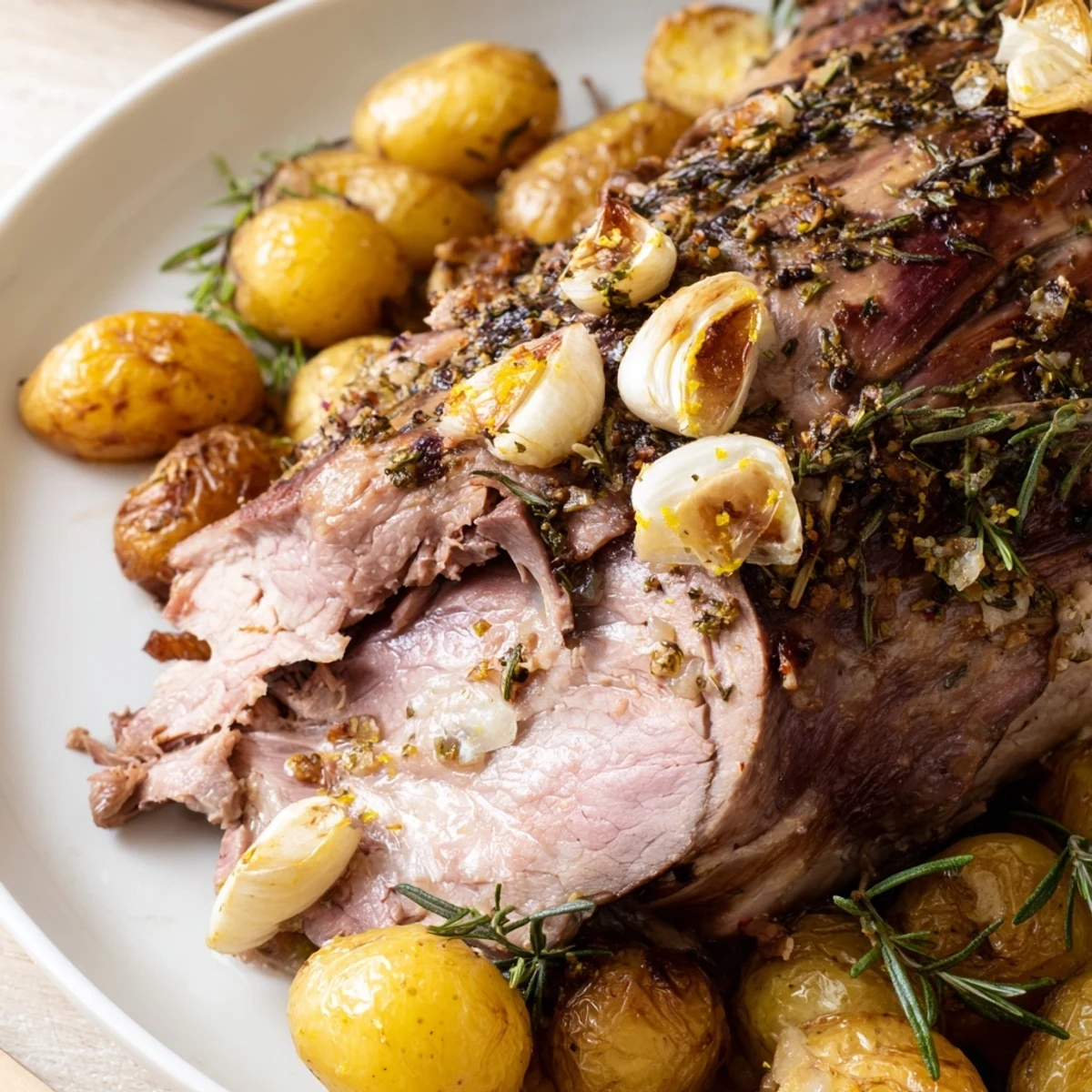 The Roasted Leg of Lamb with Potatoes rests on a platter, its crusty herb exterior glistening alongside golden-brown potatoes.