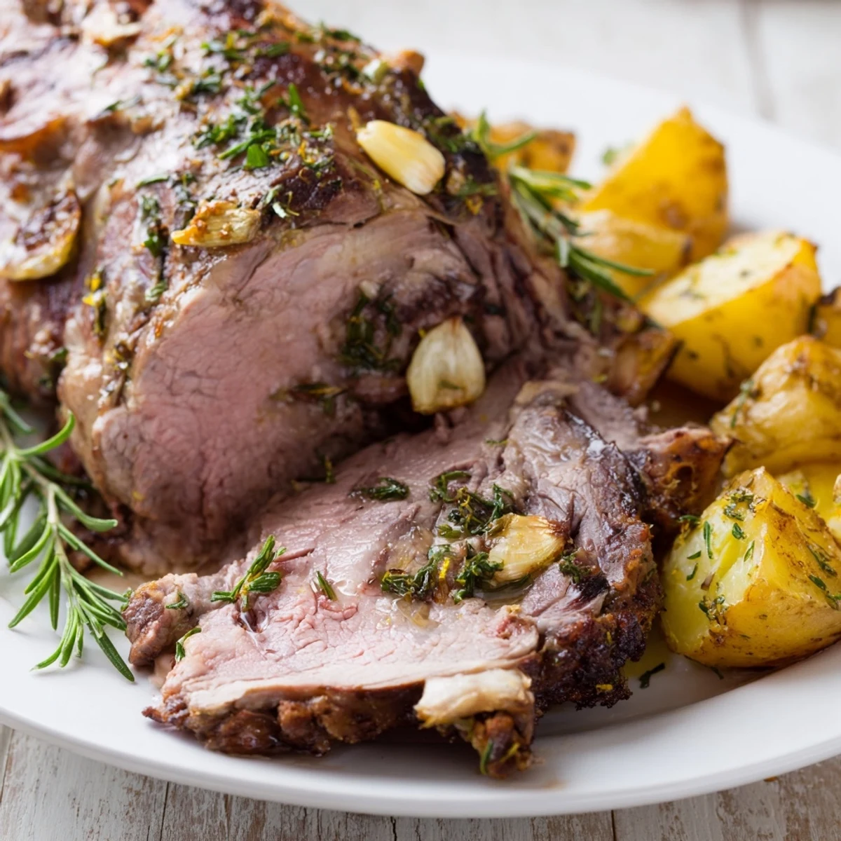 Juicy Roasted Leg of Lamb with Potatoes served family-style on a rustic table, accompanied by a glass of red wine.