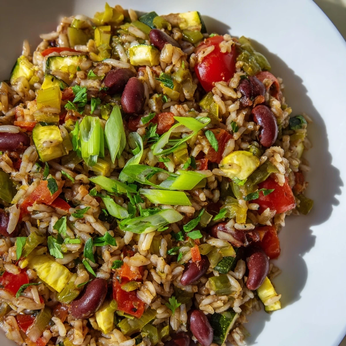 Steaming pot of Mardi Gras Veggie Jambalaya with beans, vibrant peppers, and fluffy rice.