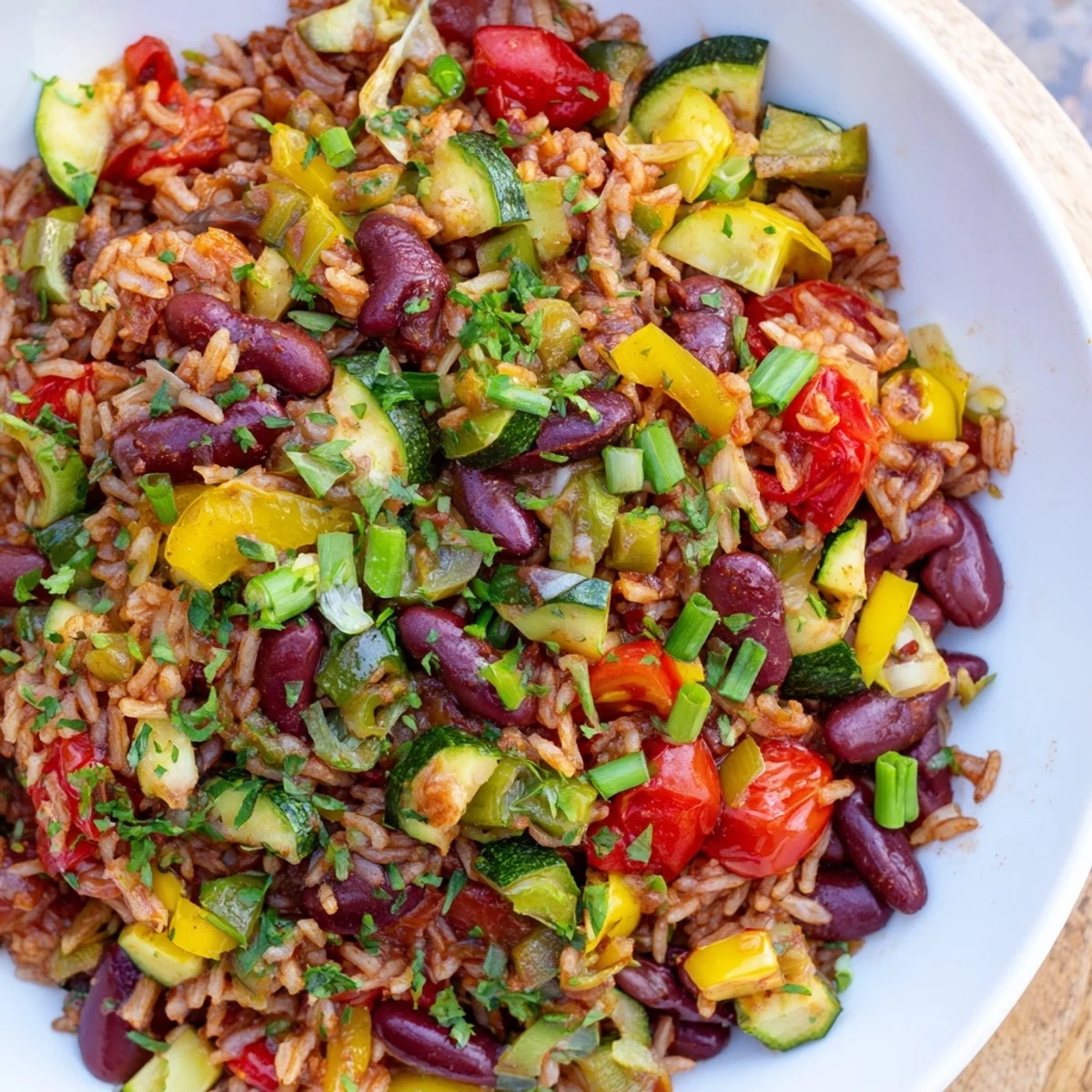 Freshly cooked Mardi Gras Veggie Jambalaya in a skillet garnished with green onions and parsley.