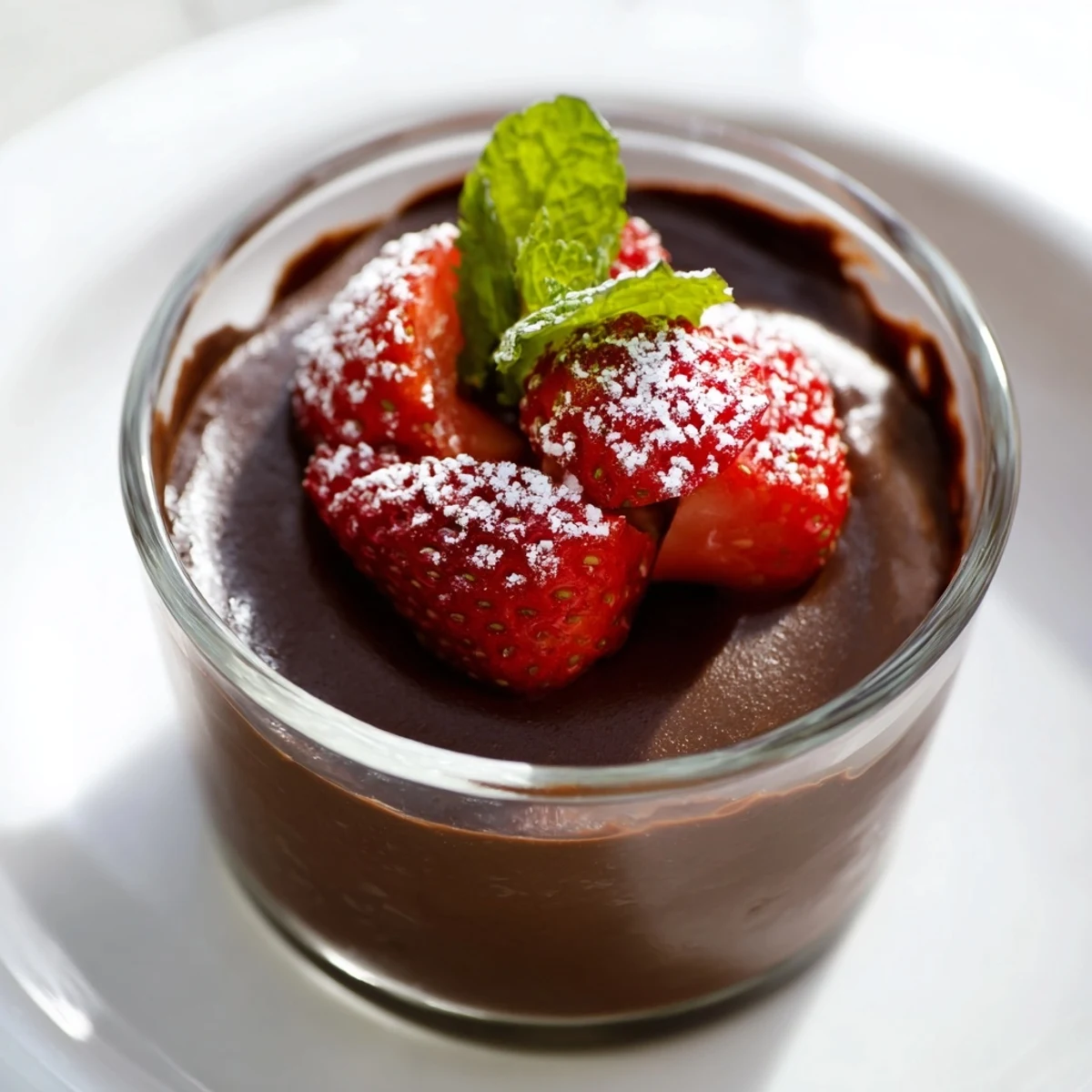 Rich chocolate mousse with fresh strawberries layered in a glass dessert dish for an elegant treat. 
