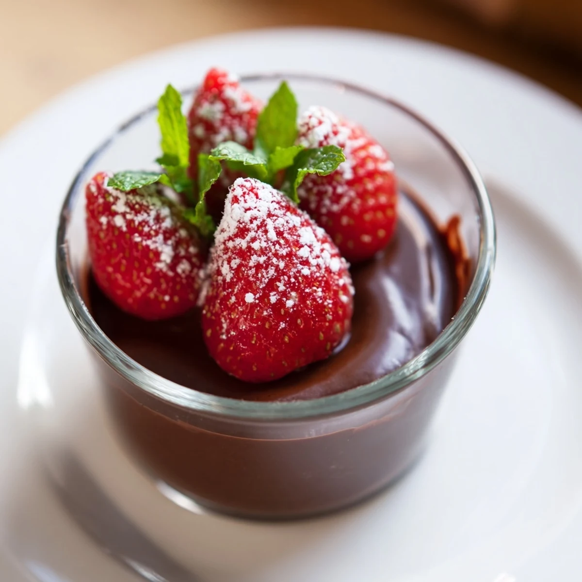 Silky chocolate mousse topped with sweet strawberries and mint, served chilled in small ramekins. 