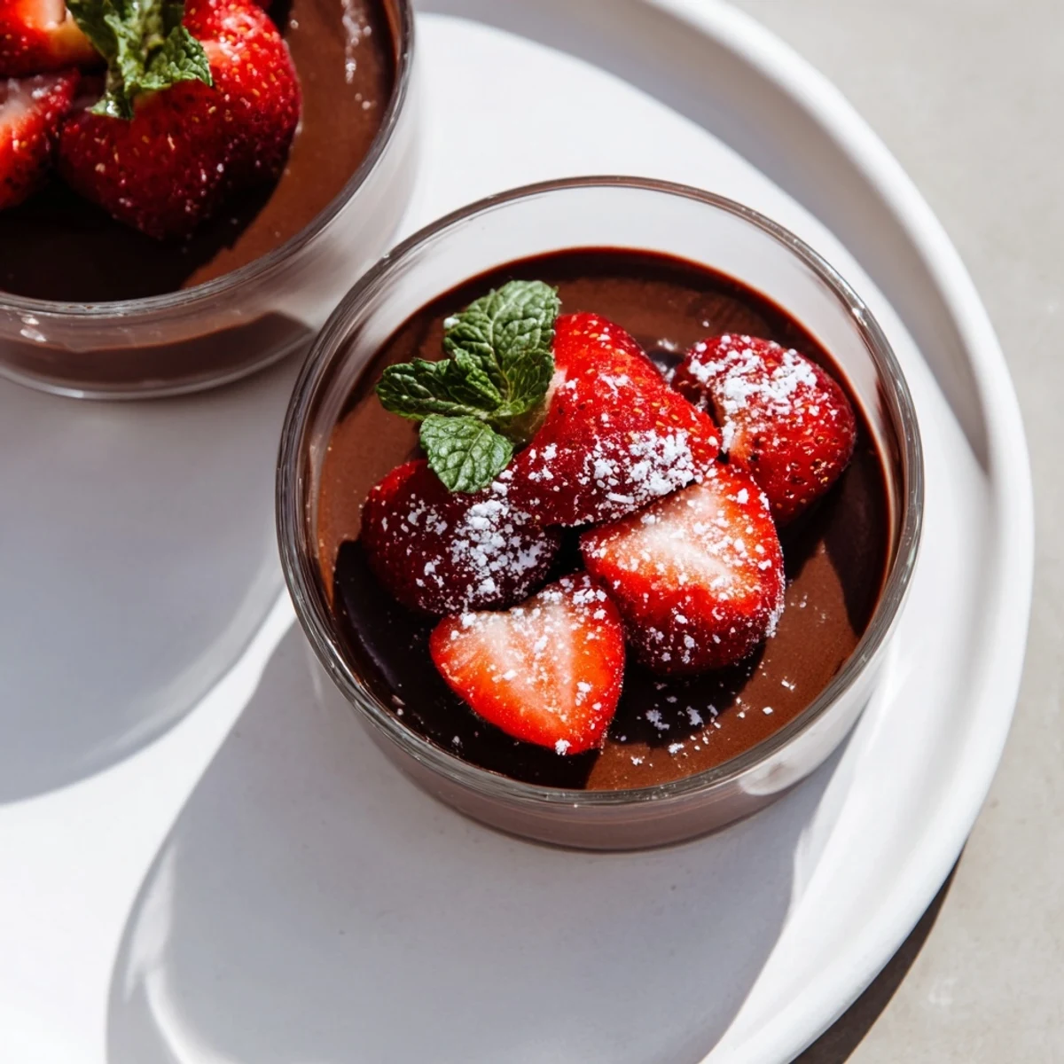 Fluffy chocolate mousse with fresh strawberries garnish, perfect for a romantic dessert night in.