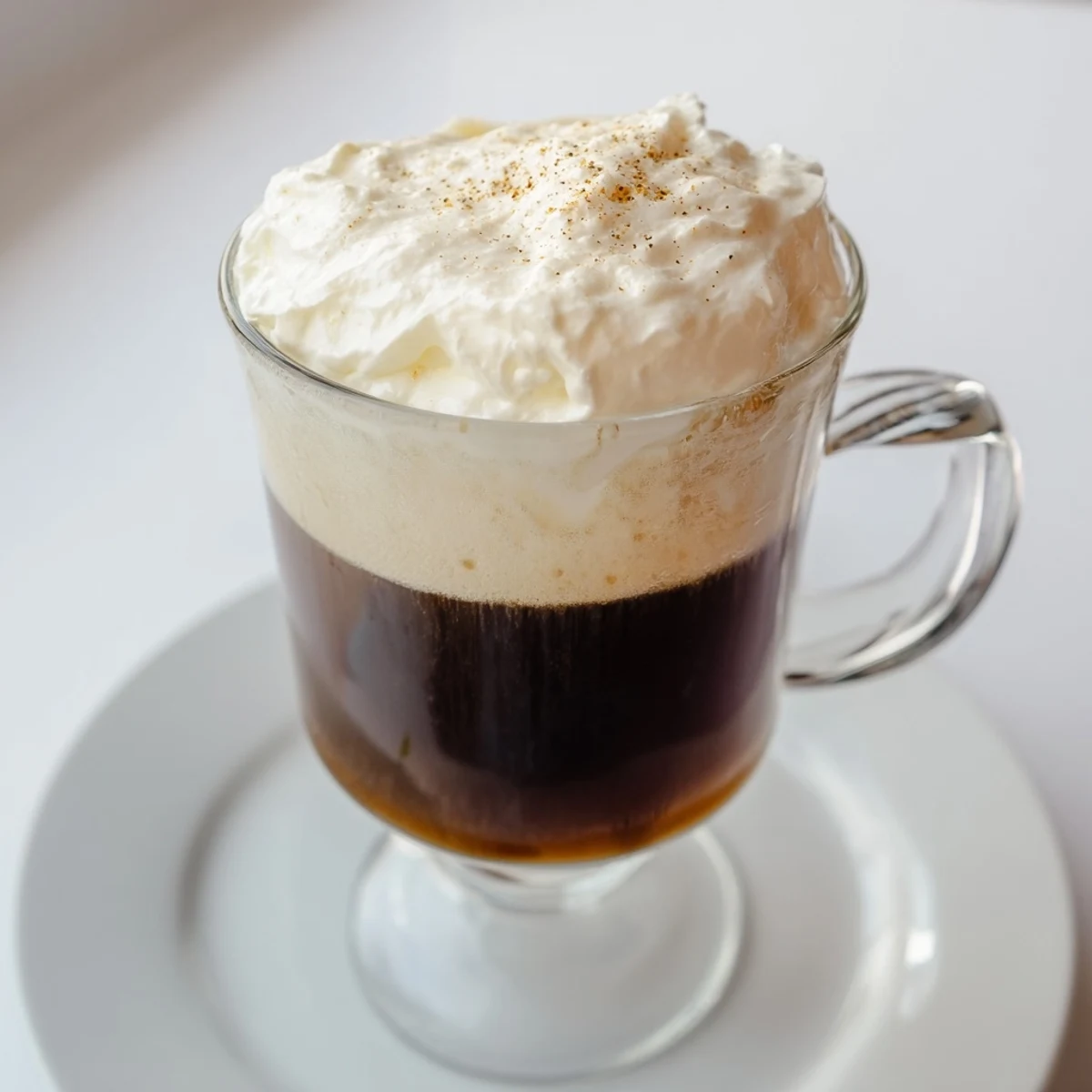 Close-up of Irish Coffee Mocktail with Whipped Cream showing soft peaks floating on warm brown sugar coffee.