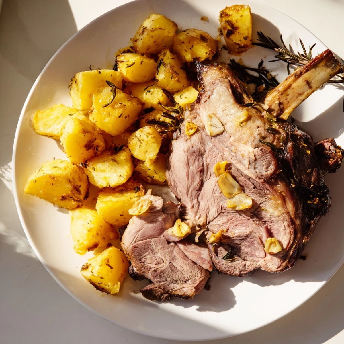 Golden Roasted Leg of Lamb with Roasted Potatoes surrounded by aromatic garlic and rosemary sprigs.