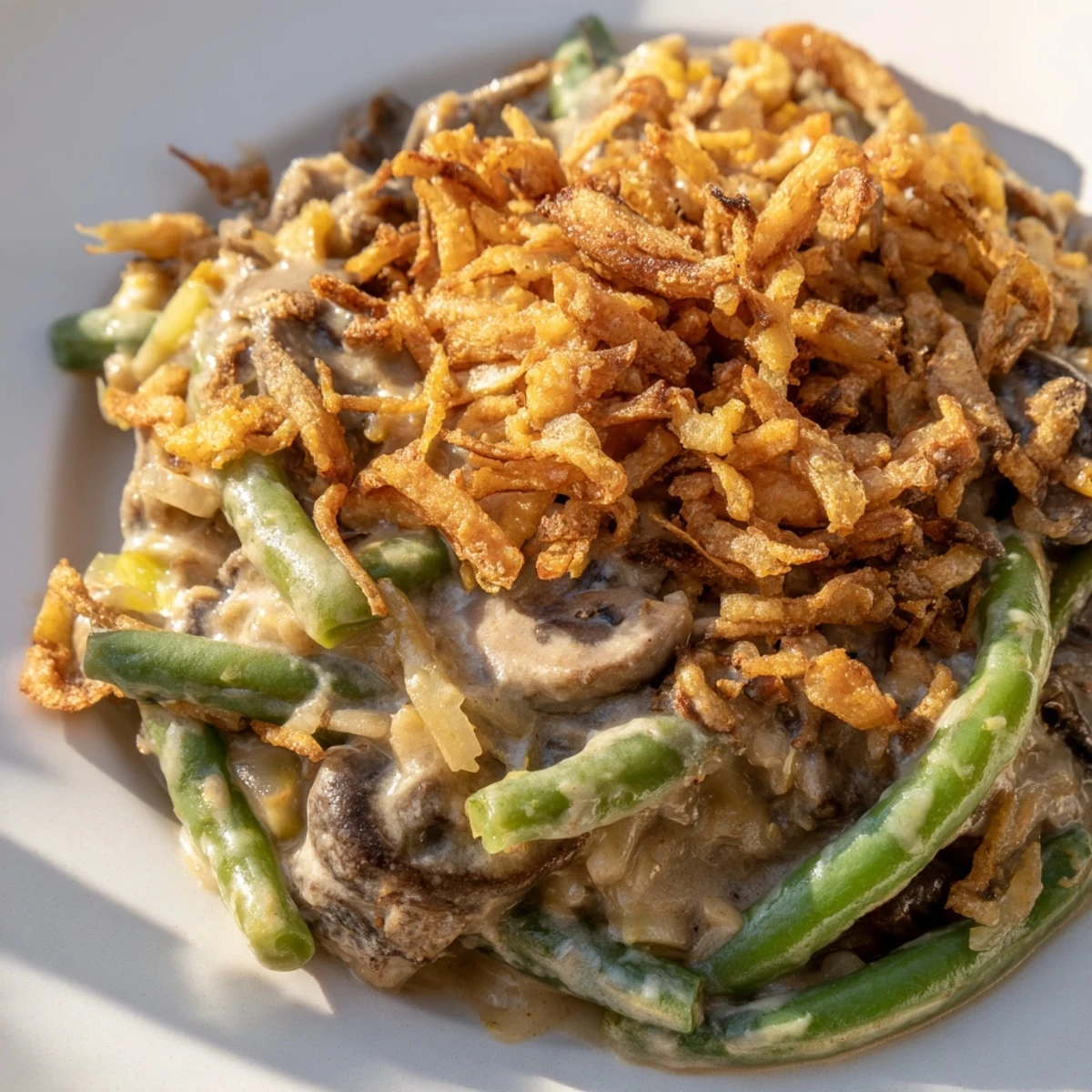 The image shows a freshly baked Green Bean Casserole with Crispy Onions, featuring tender green beans in a creamy mushroom sauce with a golden brown, crunchy topping. 