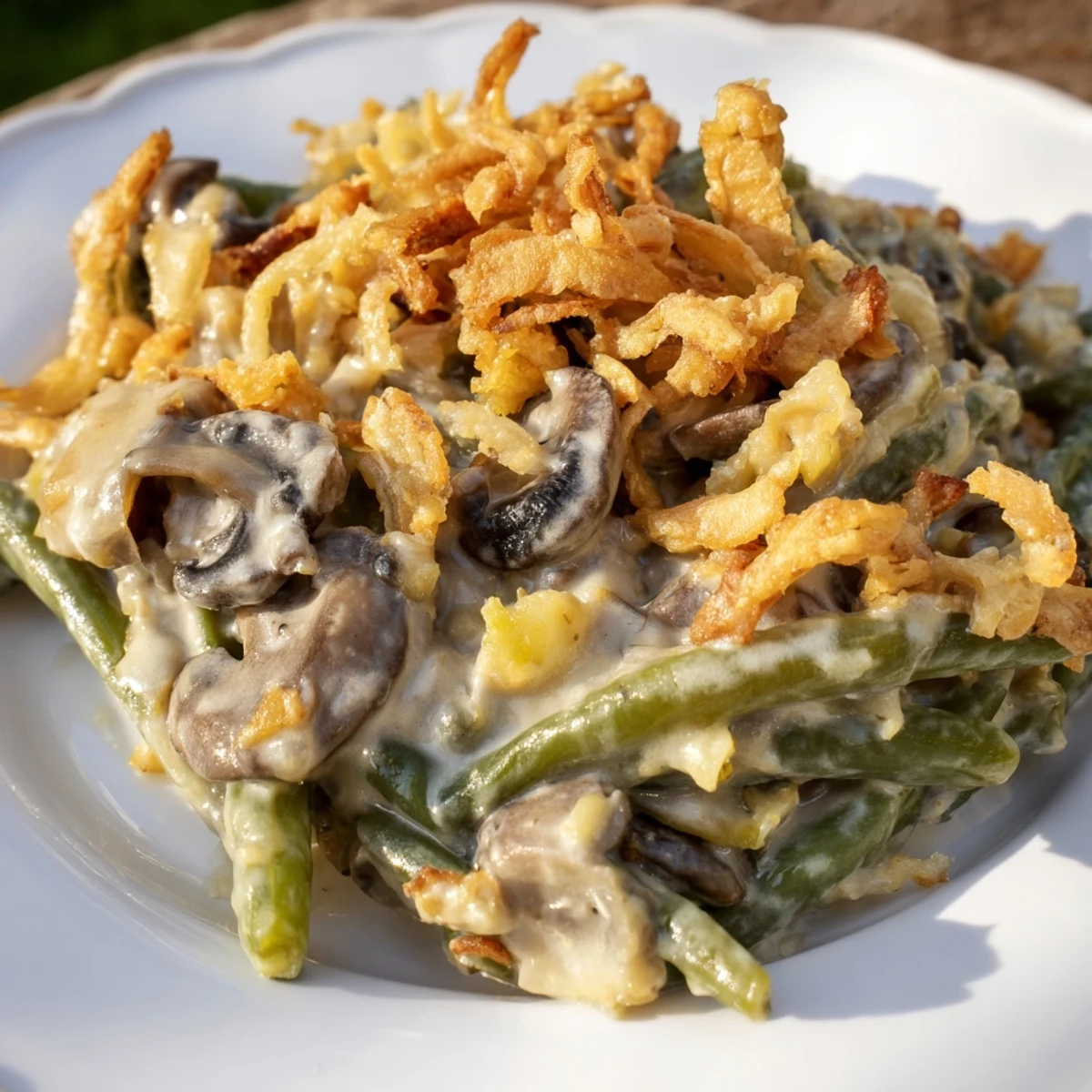 In this Green Bean Casserole with Crispy Onions, fresh green beans and mushrooms are baked in a creamy sauce, topped with crispy fried onions.