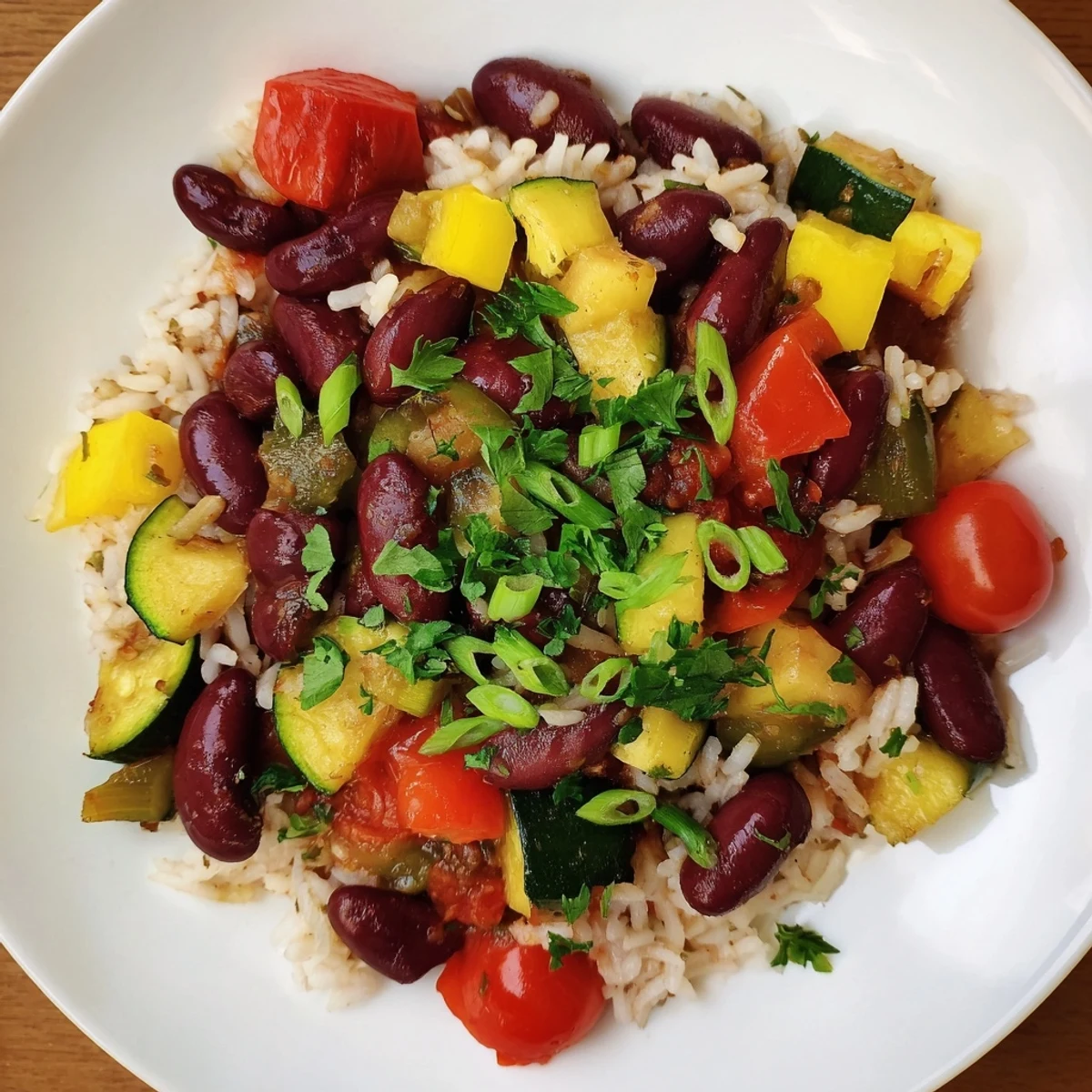 A vibrant bowl of Mardi Gras Veggie Jambalaya with Beans, featuring colorful vegetables and hearty beans in a rich Creole tomato broth.