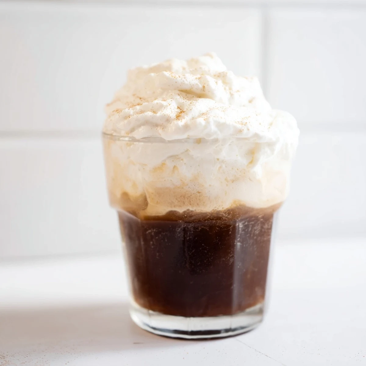 A close-up of Irish Coffee Mocktail with Whipped Cream in a clear glass, showing creamy layers over dark coffee.