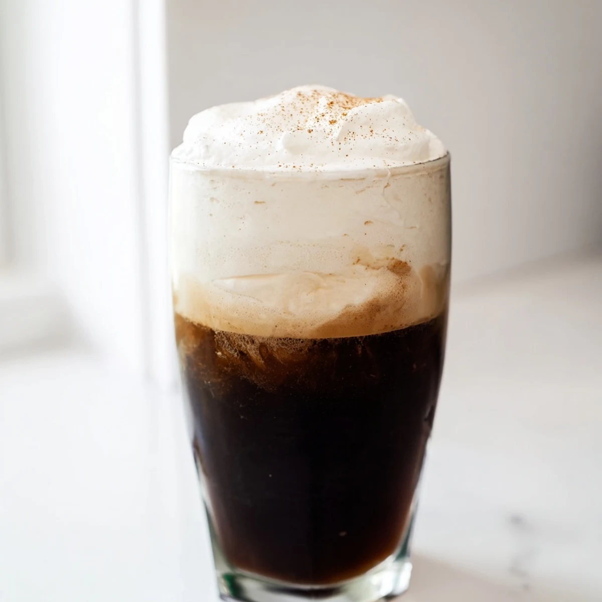 Steaming Irish Coffee Mocktail with Whipped Cream served in a rustic mug, topped with a fluffy vanilla-scented cloud.