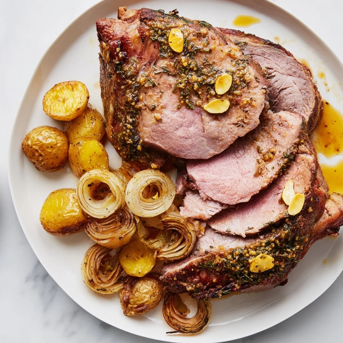 Sliced Roasted Leg of Lamb with Roasted Potatoes on a platter, with onions and herbs in a savory pan jus ready to serve.
