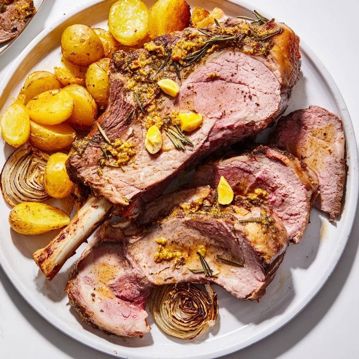 Roasted Leg of Lamb with Roasted Potatoes rests after cooking, featuring a browned herb crust and tender vegetables on a rustic board.