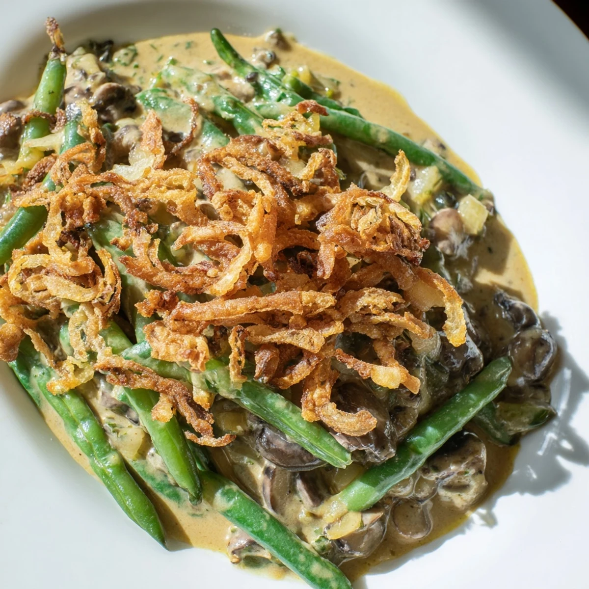 Green Bean Casserole with Crispy Onions bubbling from the oven, golden brown topping glistening over creamy mushroom sauce.