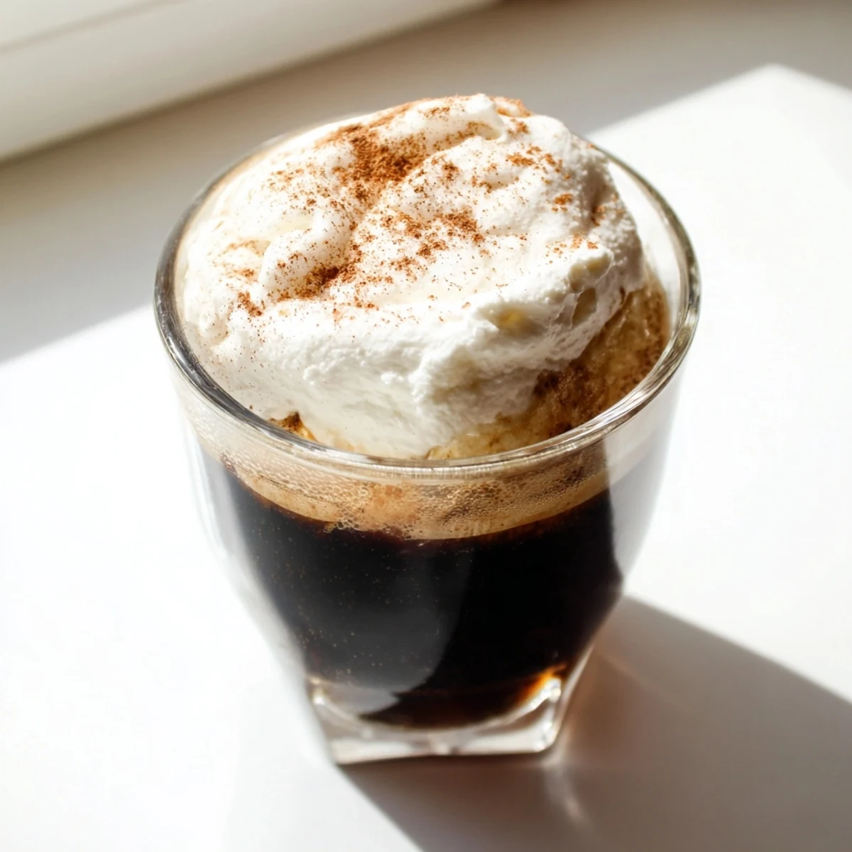 Close-up of Irish Coffee Mocktail with Whipped Cream, velvety cream floating atop rich dark coffee.