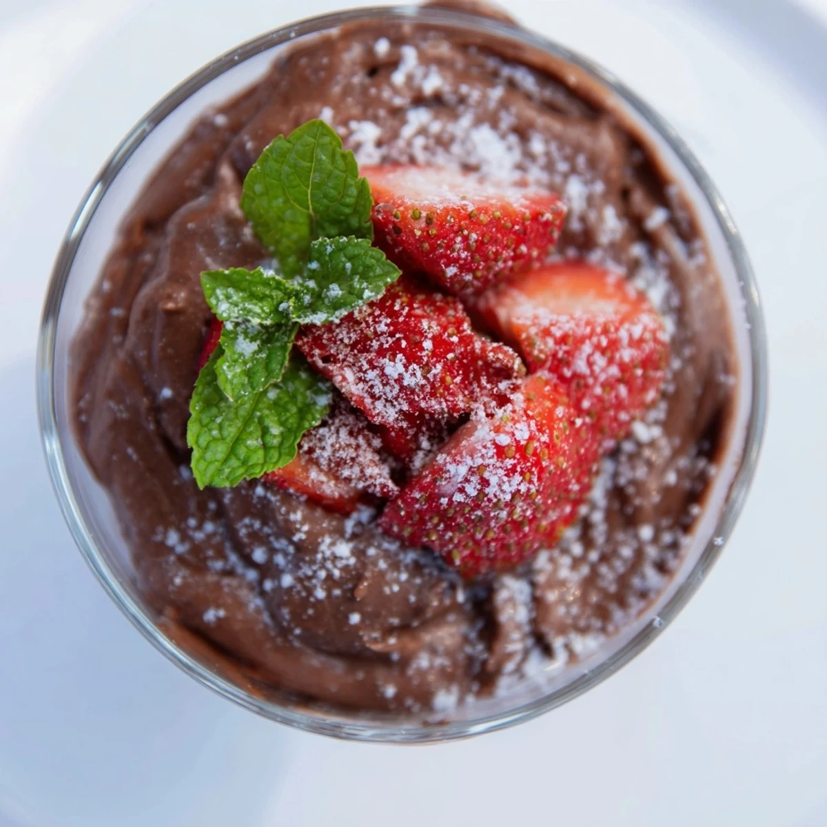 Creamy chocolate mousse topped with fresh strawberry halves in a clear serving glass.