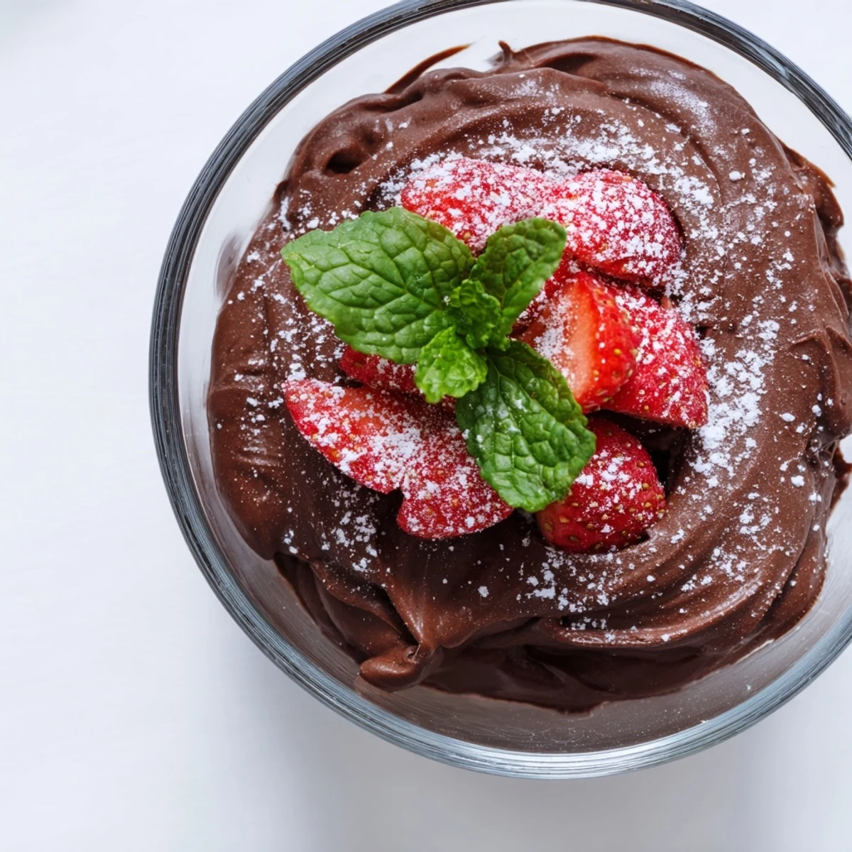 Chocolate mousse with strawberries layered in a parfait glass, perfect for special occasions.