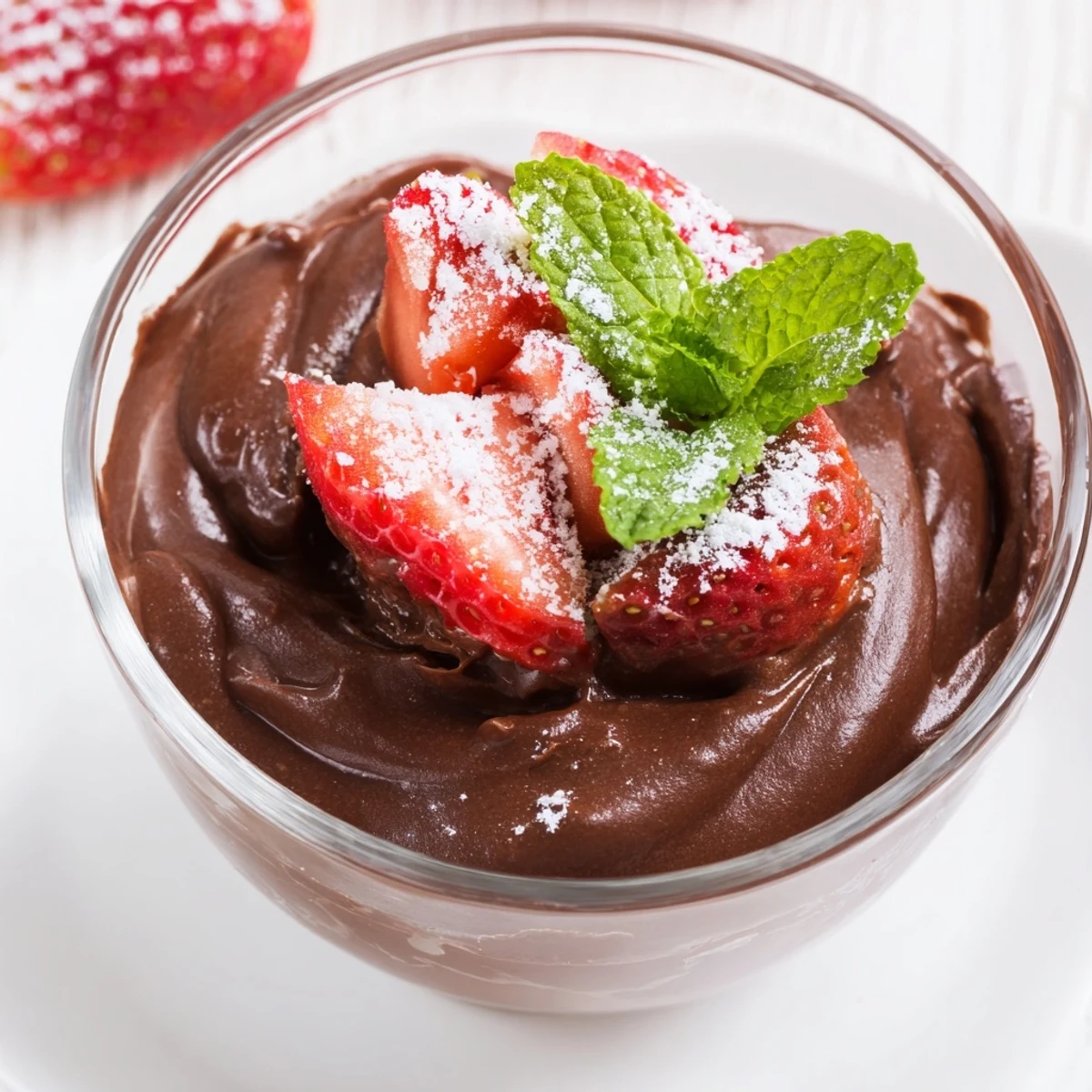 Rich chocolate mousse dessert garnished with ripe strawberries and a mint leaf sprig.