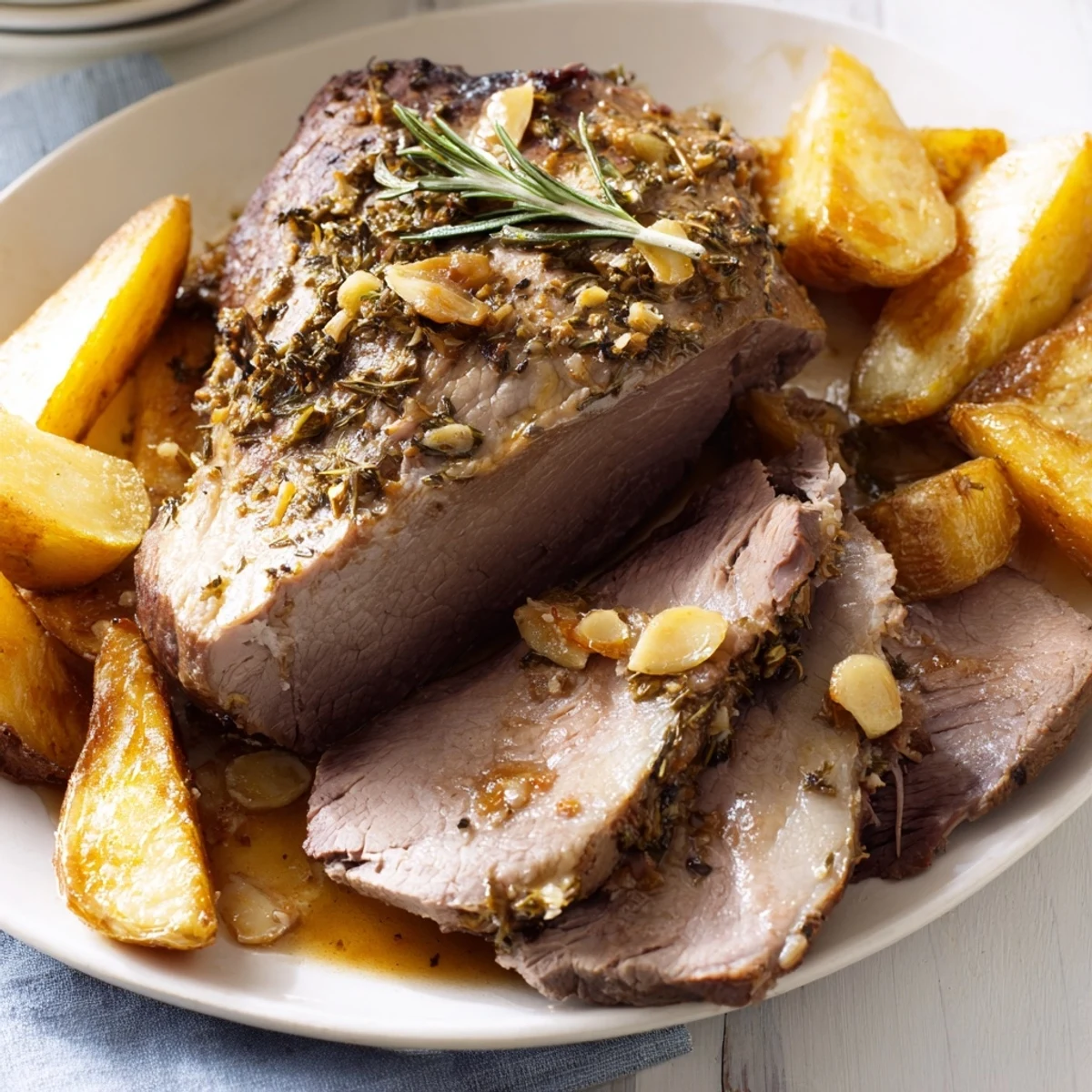 Golden roasted leg of lamb sits beside crispy potatoes with garlic and herbs on a rustic platter.