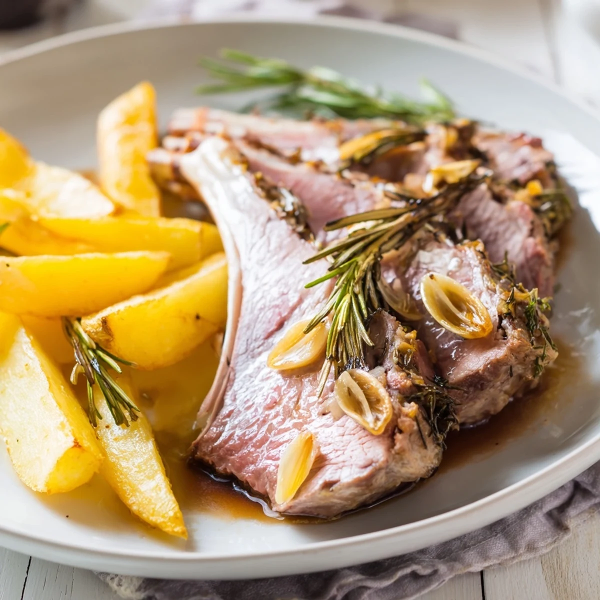 A close-up of sliced roasted leg of lamb with juicy meat next to golden potatoes.