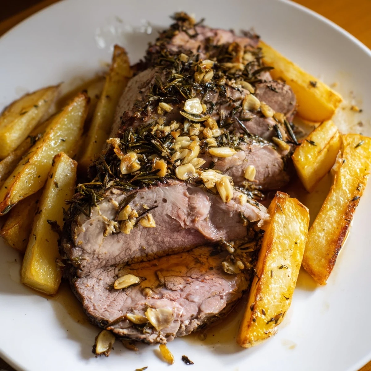 Carved roasted leg of lamb served with potatoes, garnished with rosemary and thyme for a festive meal.