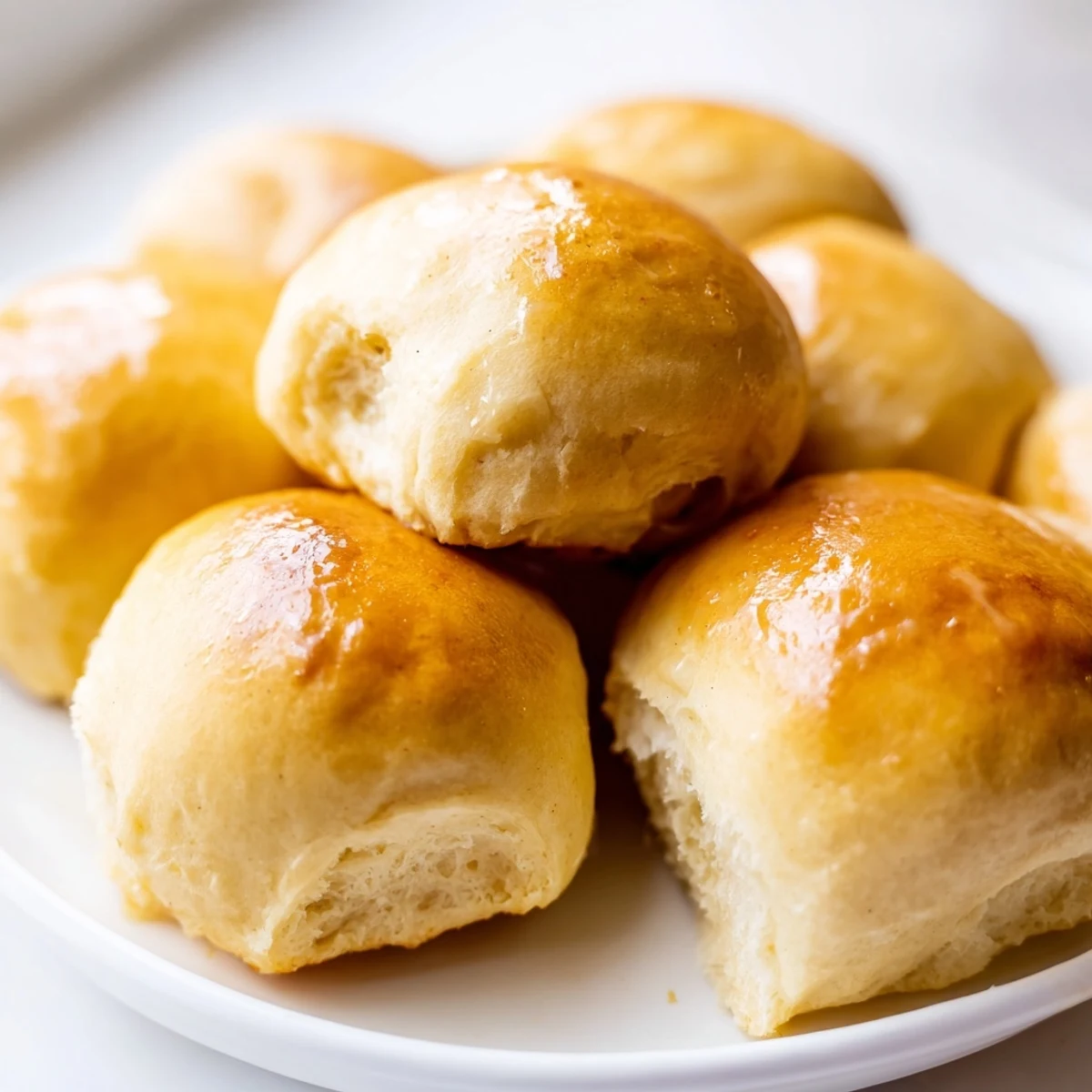 A close-up of Best Vegan Dinner Rolls with a soft, golden-brown crust brushed with melted vegan butter, served warm.