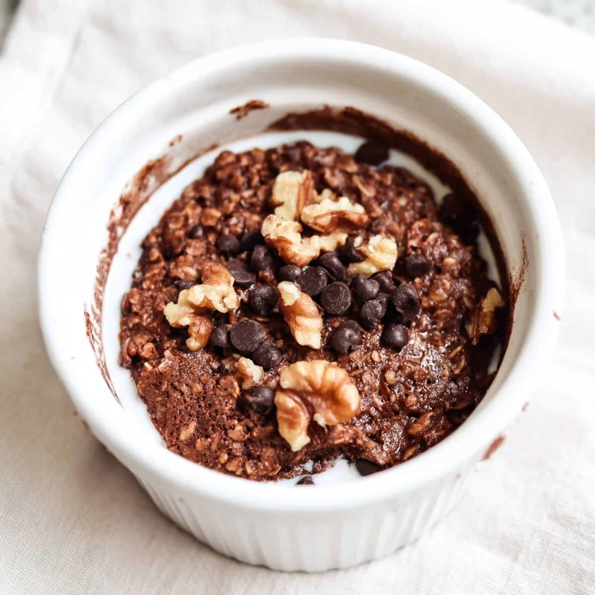 Golden-brown Easy Chocolate Baked Oats in a ramekin, topped with melted chocolate chips and walnuts.