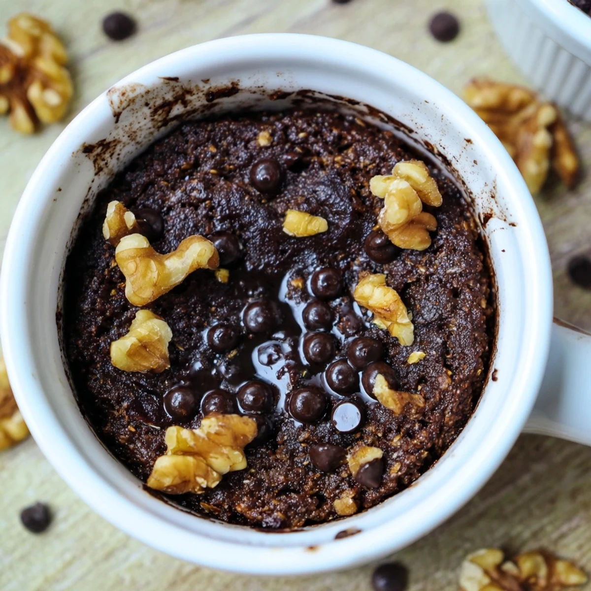 Warm, fudgy Easy Chocolate Baked Oats served in a ceramic dish with a side of coffee.