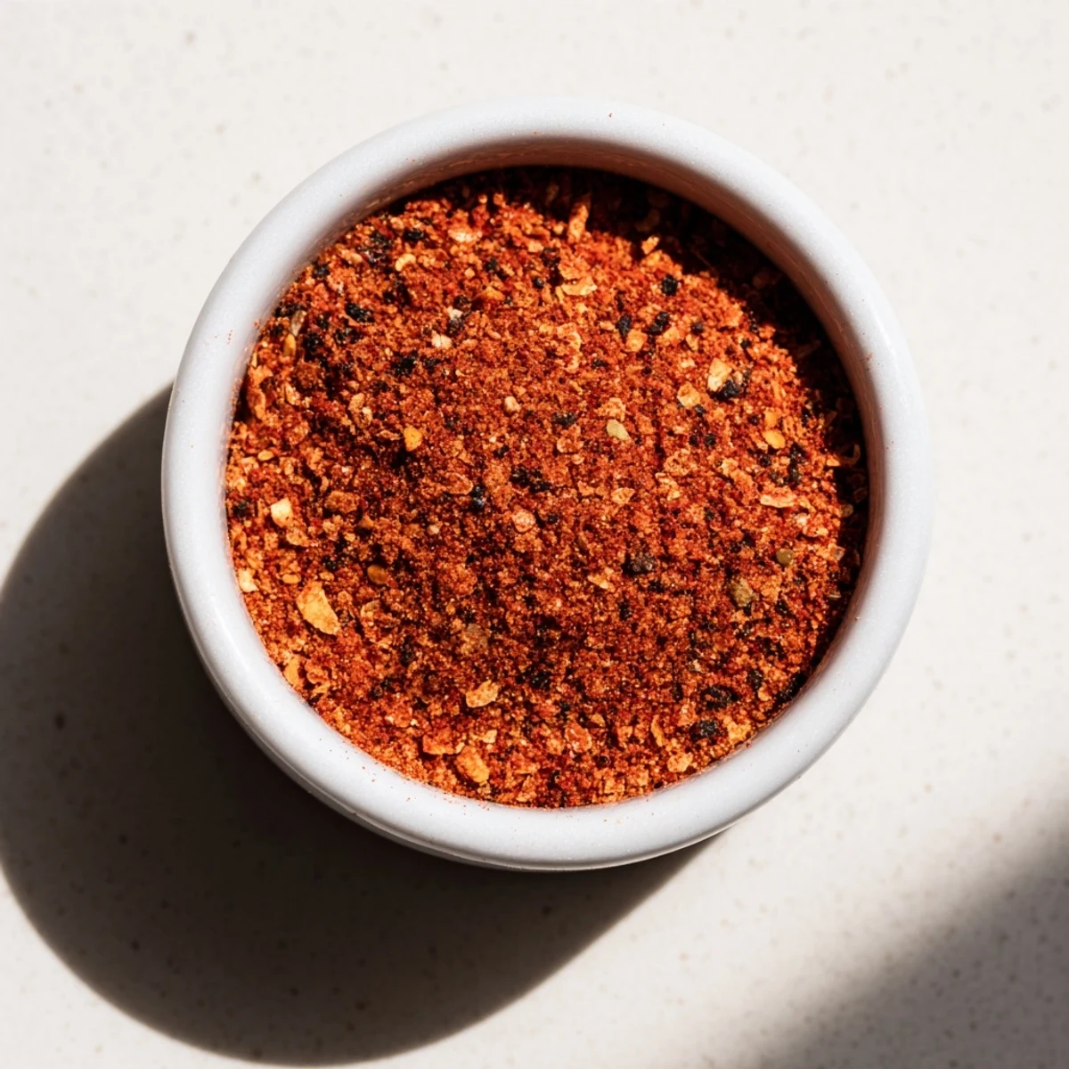 A glass jar of Easy Homemade Taco Seasoning Mix next to fresh spices on a wooden counter.