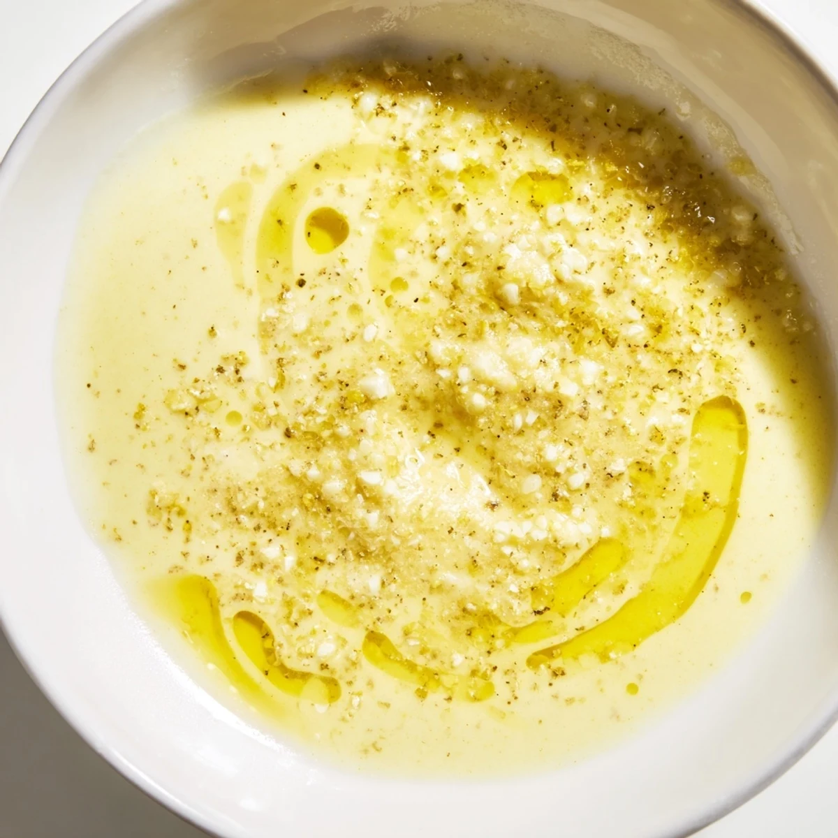 This Lemon Dijon Dressing is whisked to a creamy emulsion in a white bowl beside fresh lemon wedges.
