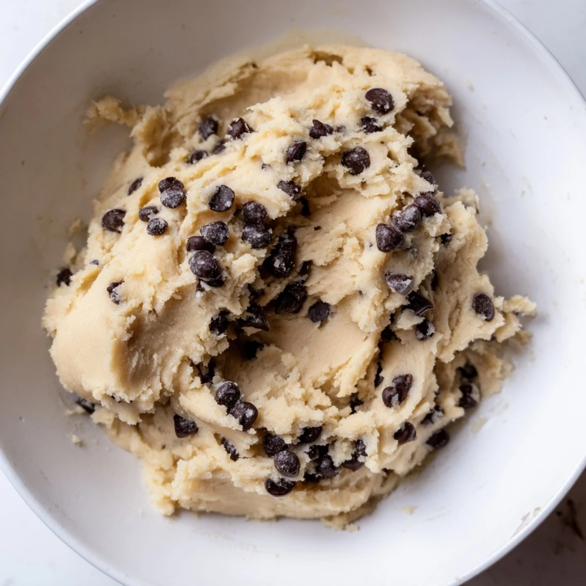 The finished Edible Keto Cookie Dough showcases sugar-free chocolate chips in creamy, pale almond flour dough.