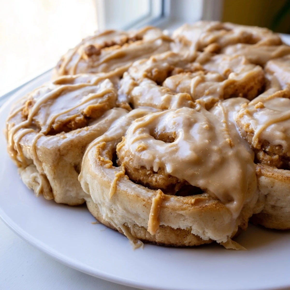 Freshly baked Soft and Gooey Biscoff Cinnamon Rolls with a warm, melted cookie butter glaze drizzled over the top.