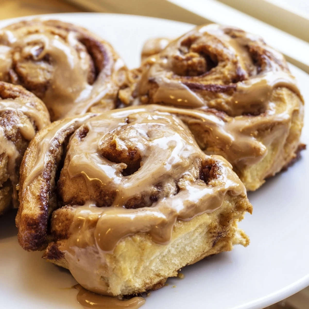Warm Soft and Gooey Biscoff Cinnamon Rolls showing the pull-apart texture with melted Biscoff filling inside the spirals.