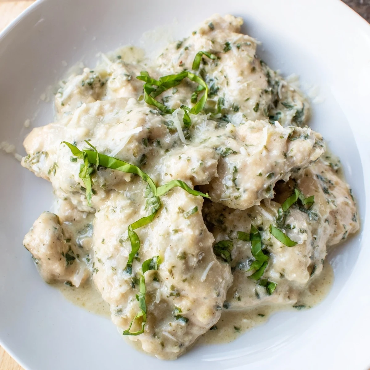 Juicy Pesto Ranch Crock Pot Chicken Thighs slow-cooked in a creamy sauce, served with mashed potatoes and fresh basil garnish.