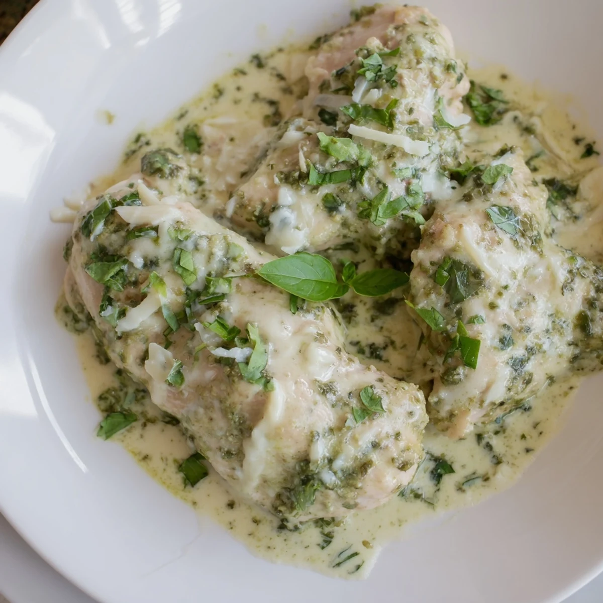Tender Pesto Ranch Crock Pot Chicken Thighs in a rich pesto and ranch sauce, garnished with Parmesan and ready for family dinner.