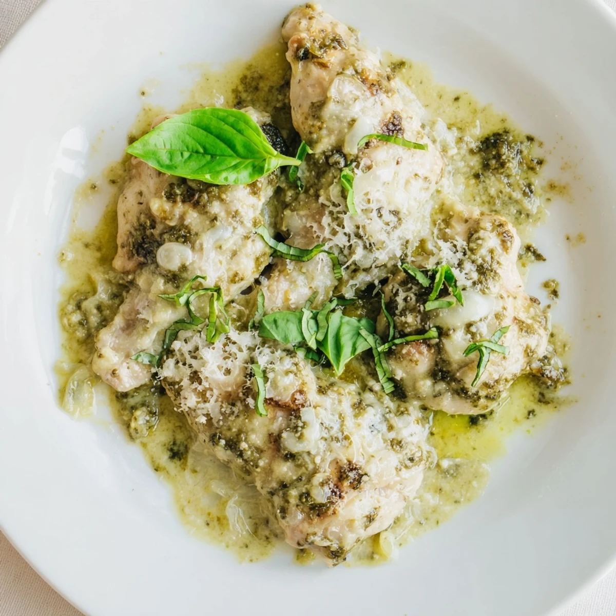 A close-up of Pesto Ranch Crock Pot Chicken Thighs with glossy, herb-flecked sauce and steam rising, ideal for weeknight comfort food.